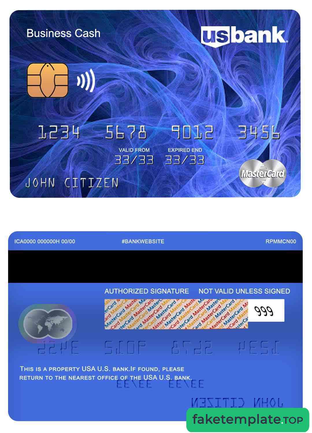 Feature of fake USA U.S. bank mastercard example